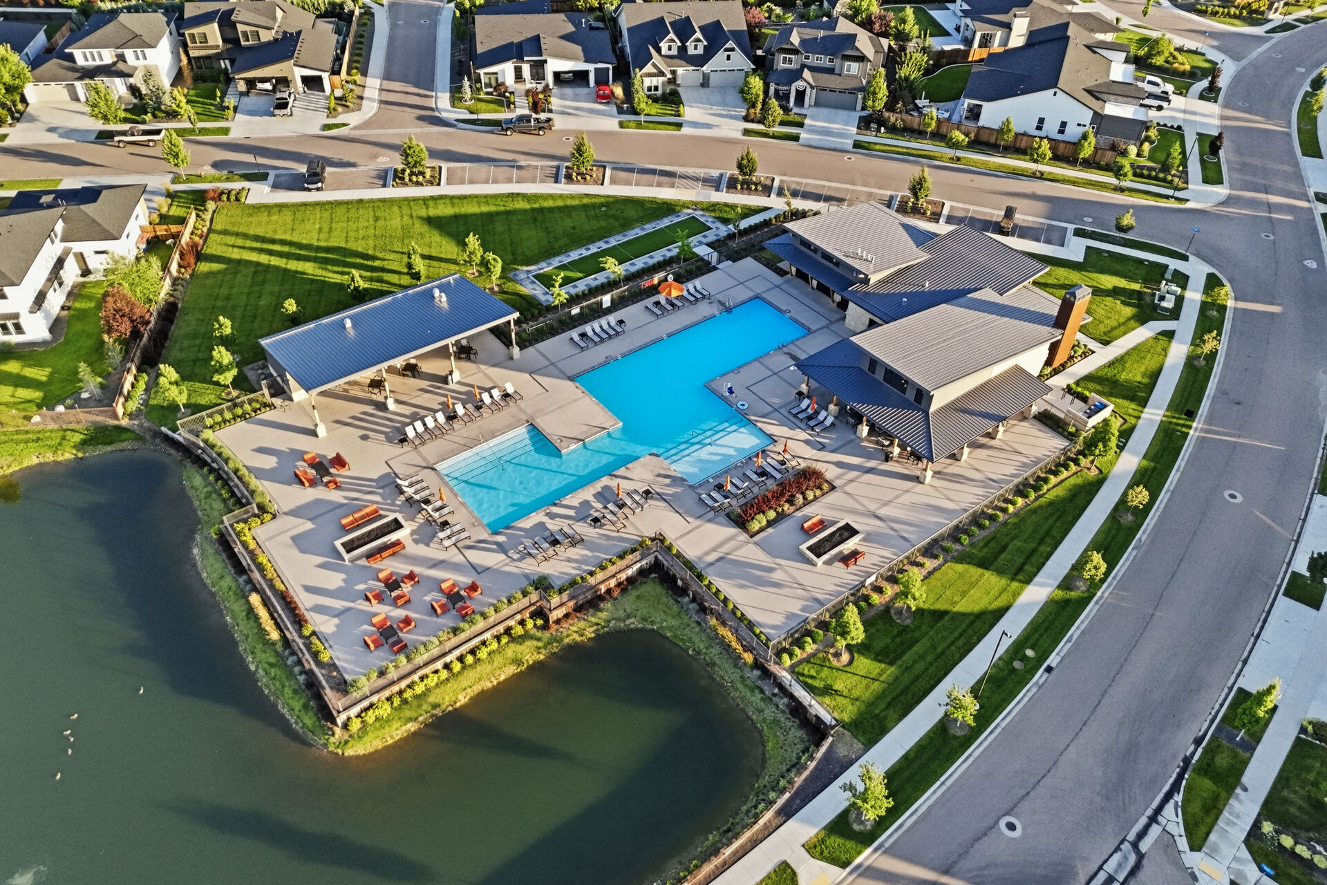 Aerial of the clubhouse and pool